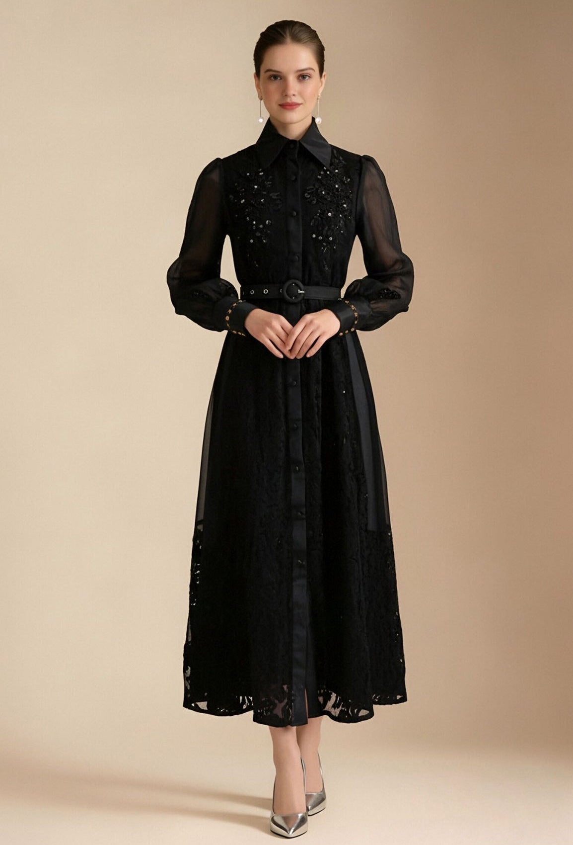 Lace Collar Lantern Sleeve Midi Dress