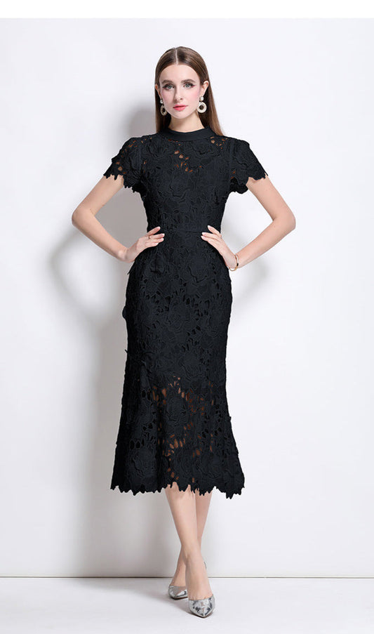Lace High Neck Midi Dress