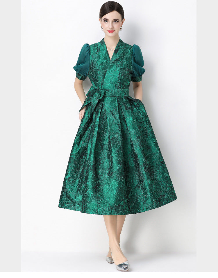 Jacquard Puff Sleeve V-Neck Maxi Dress