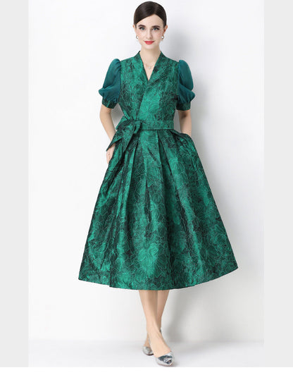 Jacquard Puff Sleeve V-Neck Maxi Dress