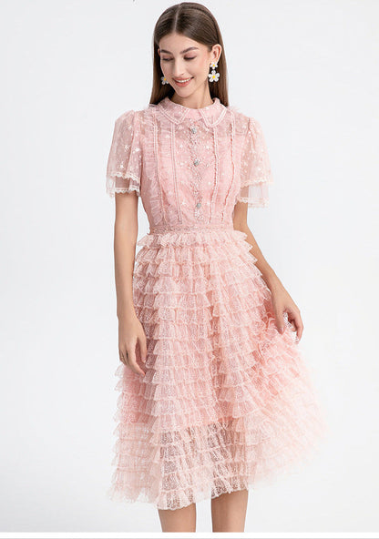 Blush Ruffle Lace Dress with Peter Pan Collar & Puff Sleeves