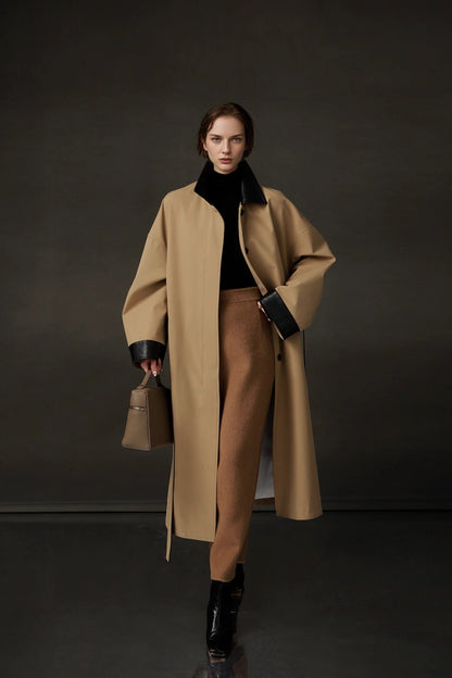 Leather-Trimmed Polo Collar Oversized Long Trench Coat