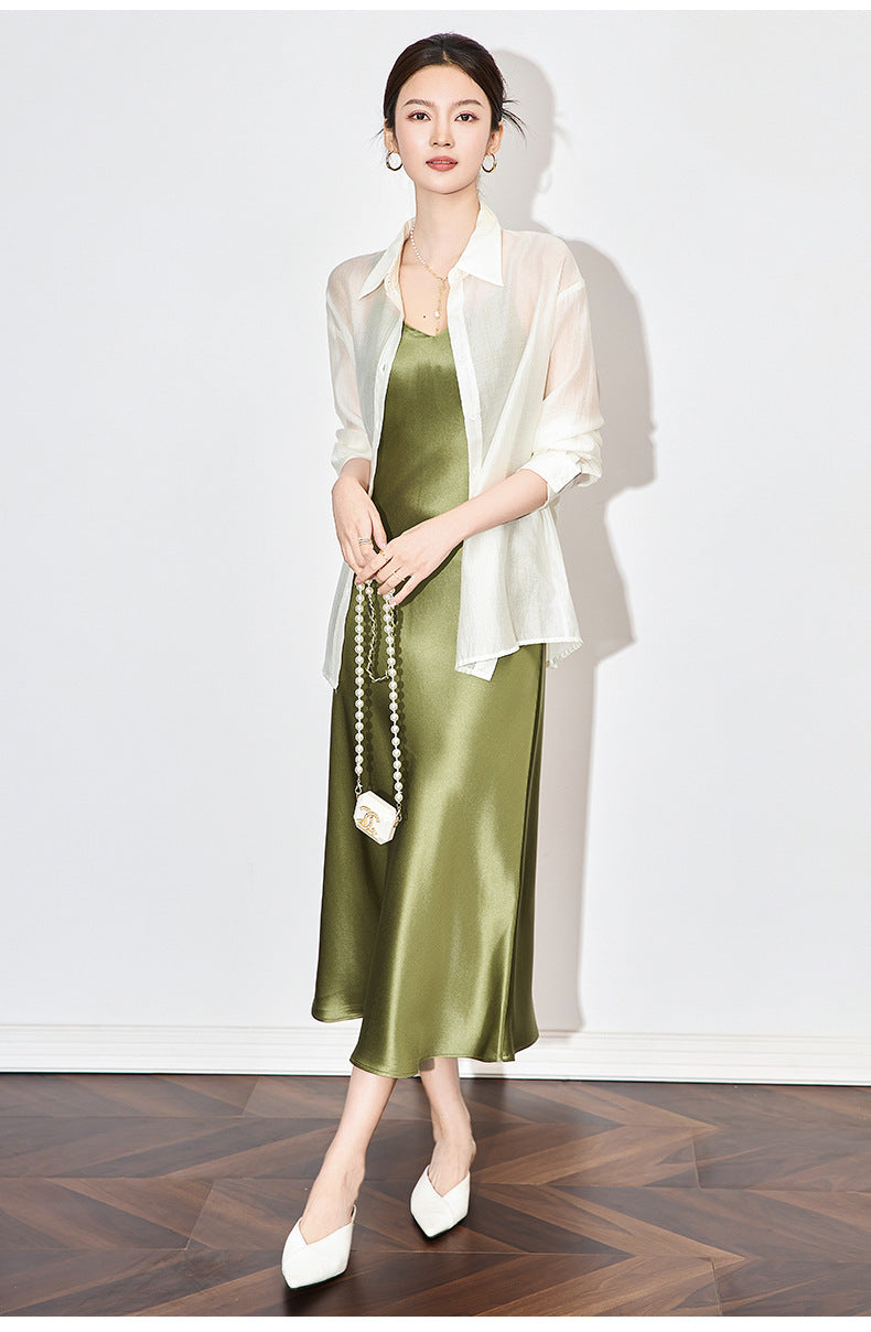 Satin-Texture Acetate Slip Dress with Spaghetti Straps