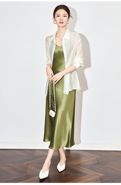 Satin-Texture Acetate Slip Dress with Spaghetti Straps