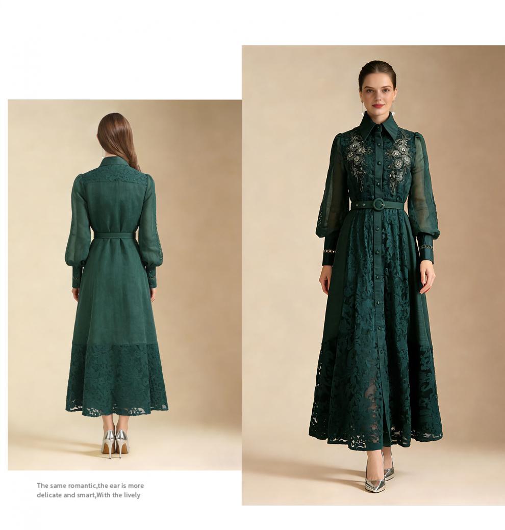 Lace Collar Lantern Sleeve Midi Dress