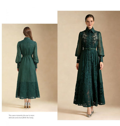 Lace Collar Lantern Sleeve Midi Dress