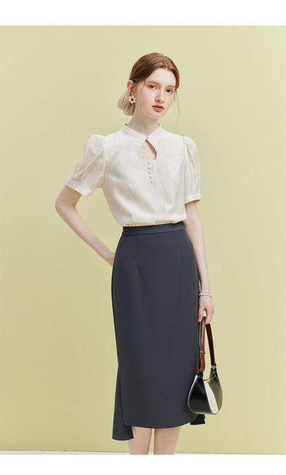 Elegant Ripple Collar Sheer Short Sleeve Blouse