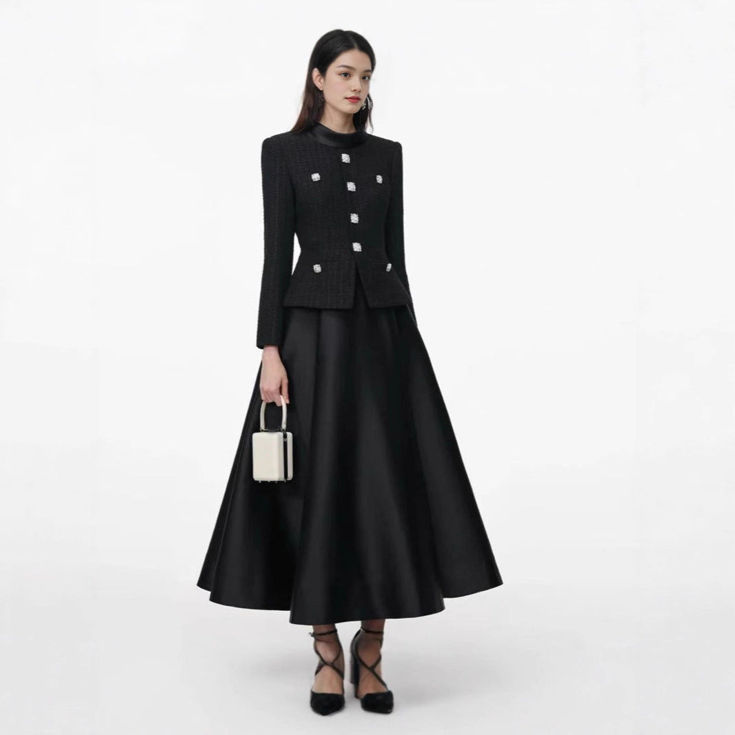 French Retro Patchwork Black Long Dress