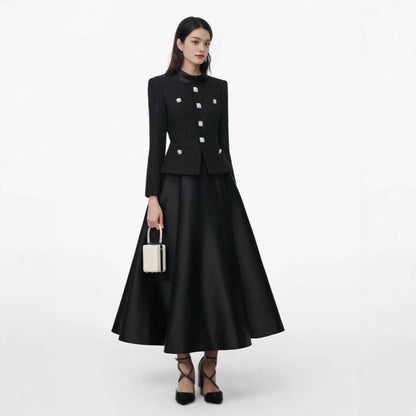 French Retro Patchwork Black Long Dress