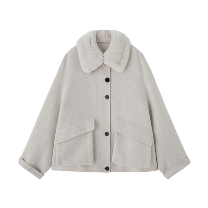 Short Alpaca Wool-Blend Coat with Rex Fur Collar