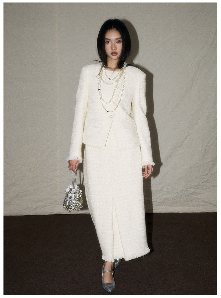White Wool-Blend French Jacket & Midi Skirt Set