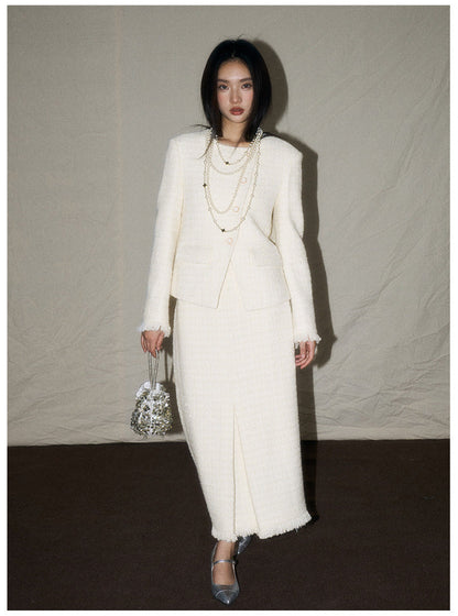 White Wool-Blend French Jacket & Midi Skirt Set