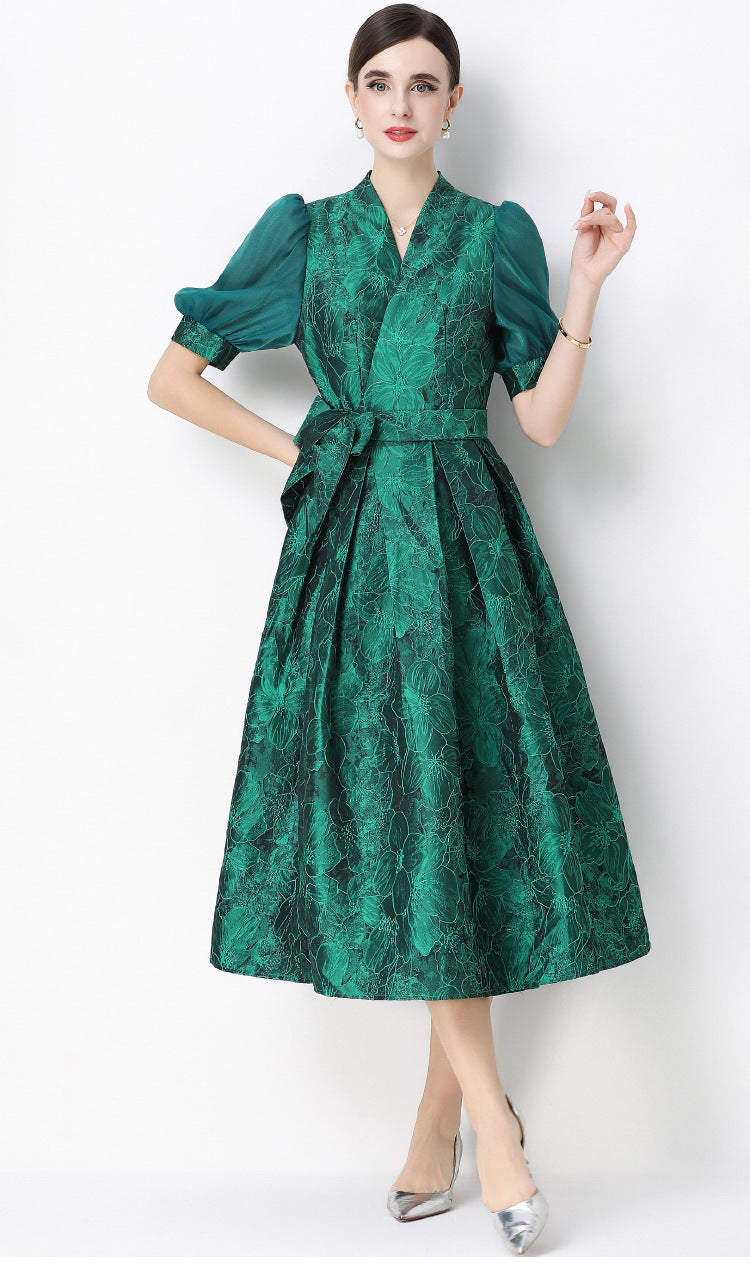Jacquard Puff Sleeve V-Neck Maxi Dress