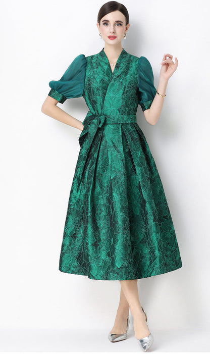 Jacquard Puff Sleeve V-Neck Maxi Dress