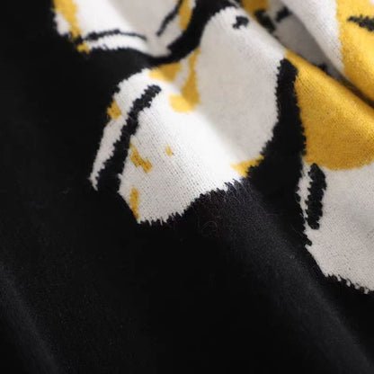 Floral Pattern Wool Midi Dress with Mock Neck