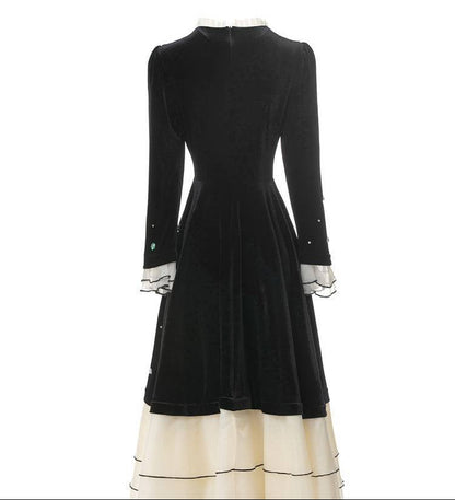 Velvet & Lace Color-Block Long Sleeve Maxi Dress
