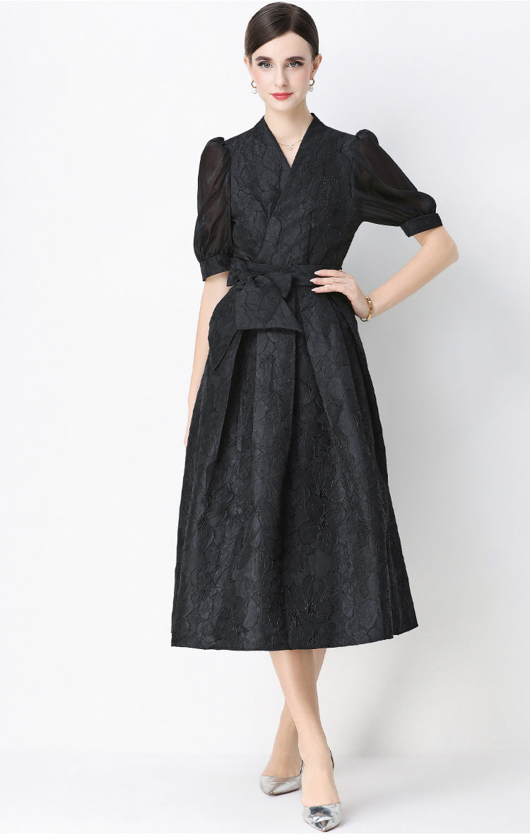 Jacquard Puff Sleeve V-Neck Maxi Dress