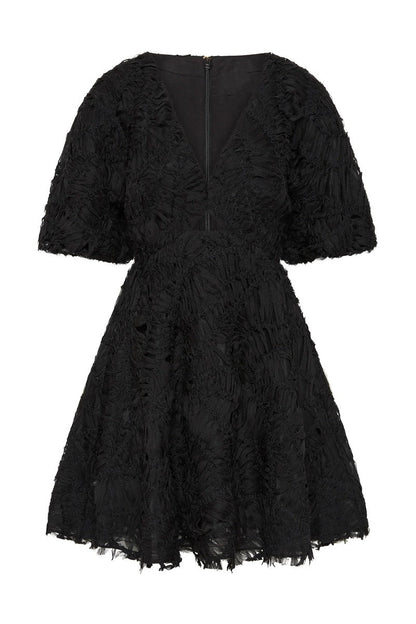 Textured Short Puff Sleeve A-Line Dress