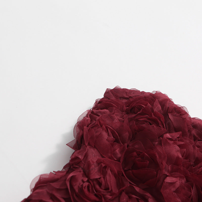Burgundy 3D Floral Strapless Maxi Dress
