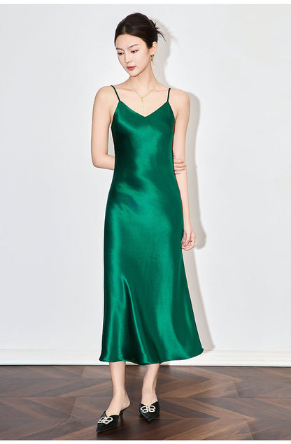 Satin-Texture Acetate Slip Dress with Spaghetti Straps