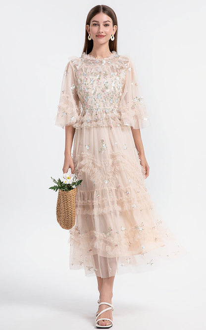 Ruffled Long Dress with Sheer Tulle Hem