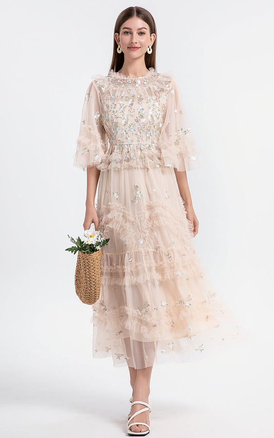 Ruffled Long Dress with Sheer Tulle Hem