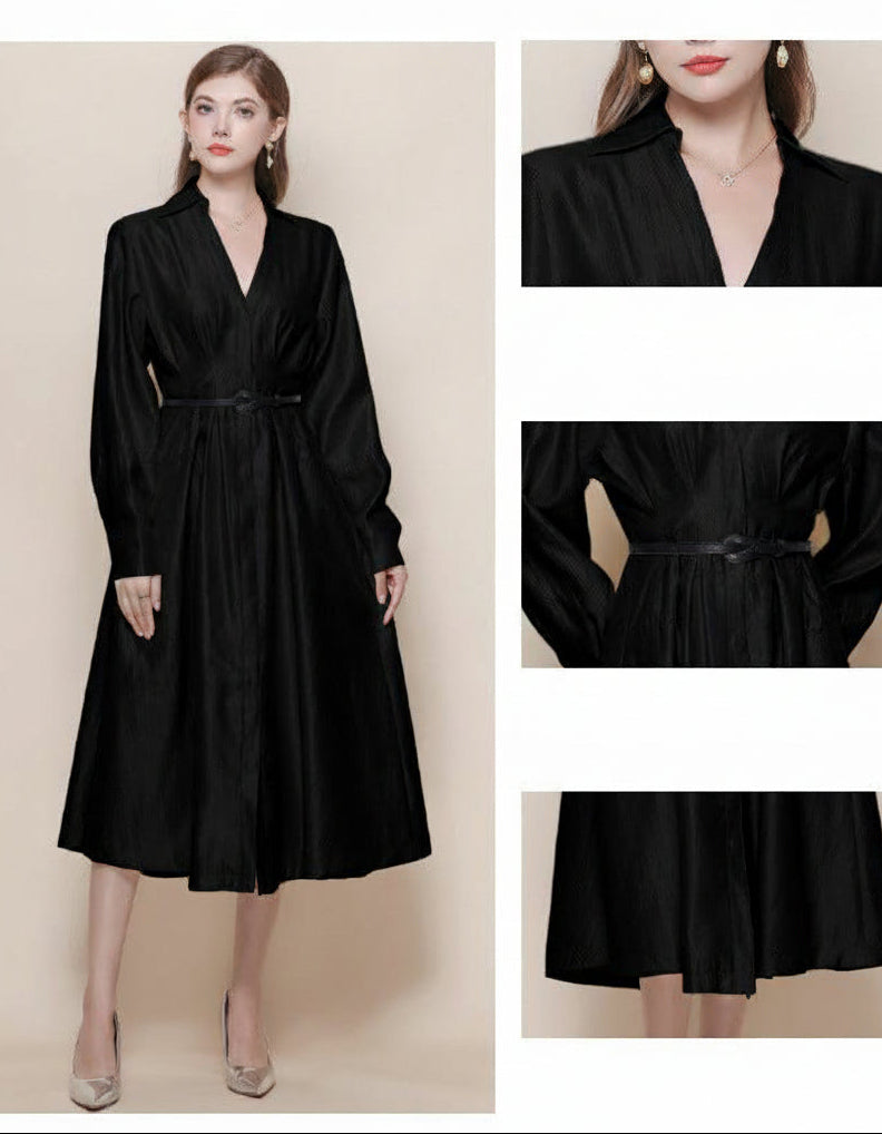 Silk-Texture Belted Midi Dress with Classic Collar