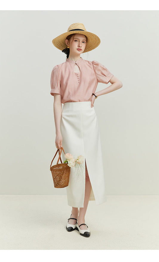 Elegant Ripple Collar Sheer Short Sleeve Blouse