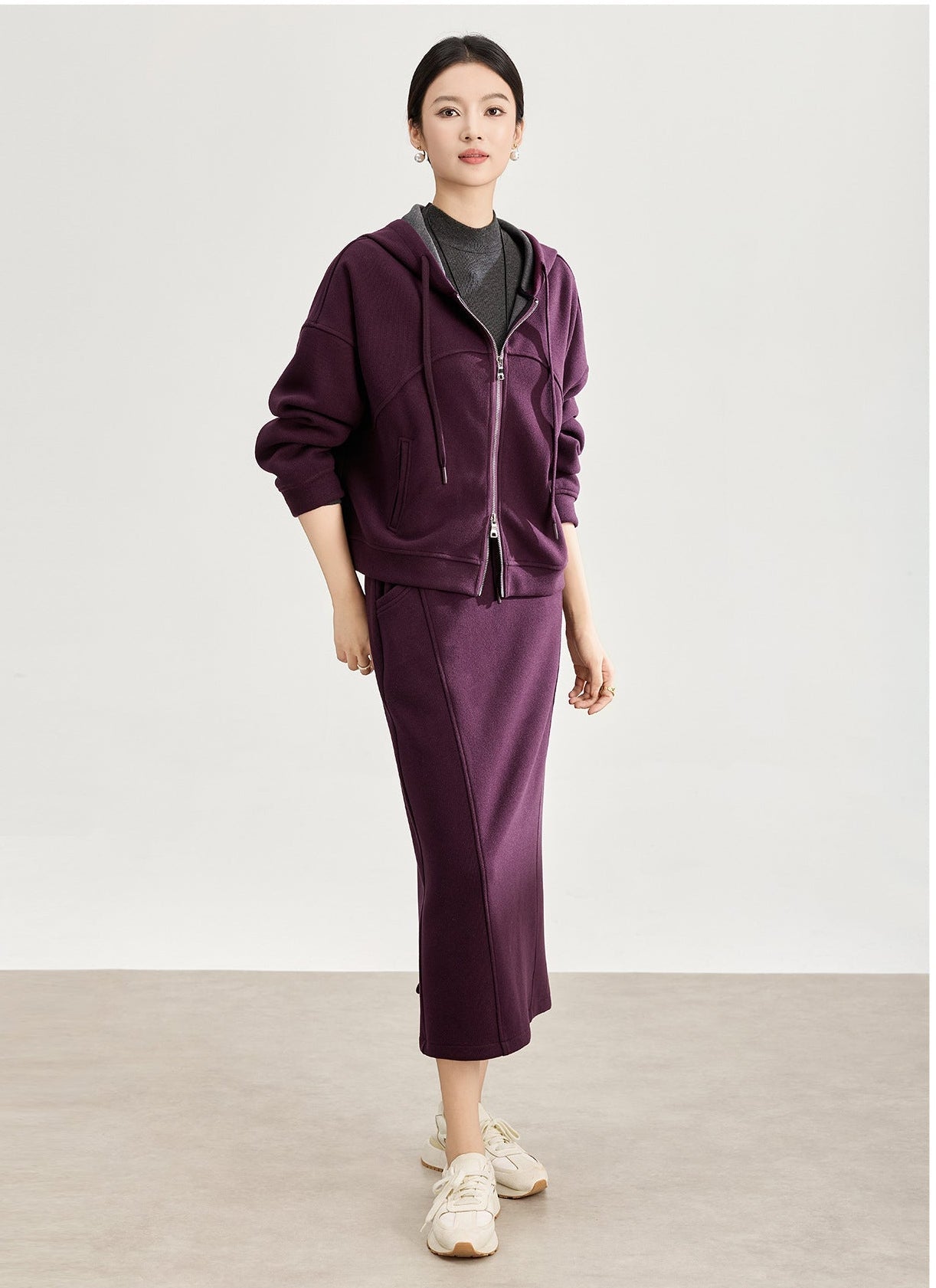 Soft Wool-Blend Hooded Jacket & Elastic Waist Skirt Set