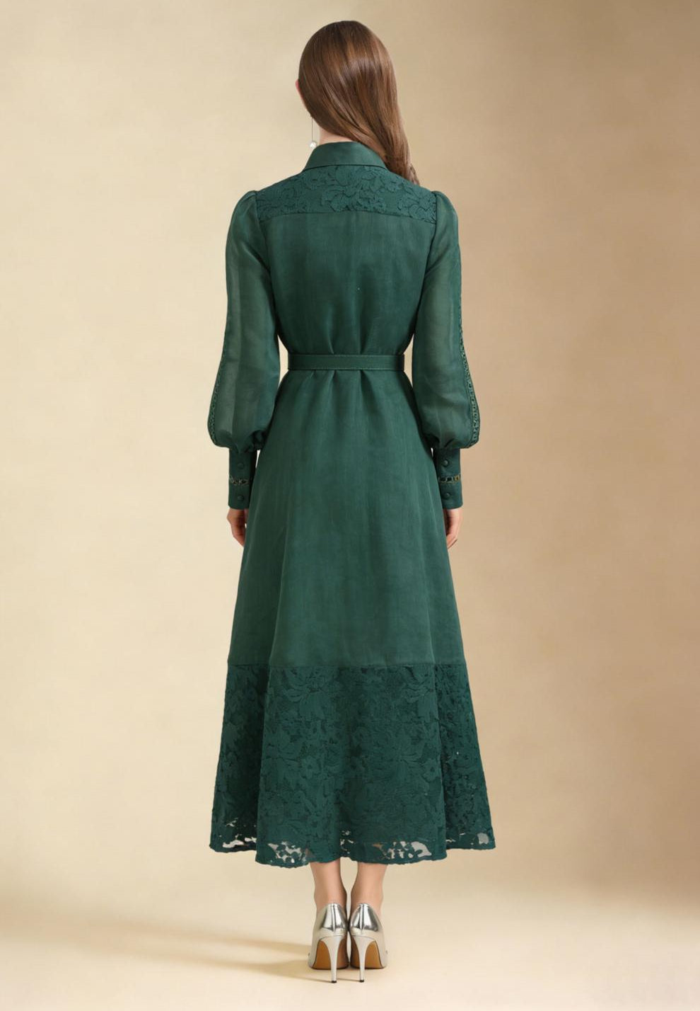 Lace Collar Lantern Sleeve Midi Dress
