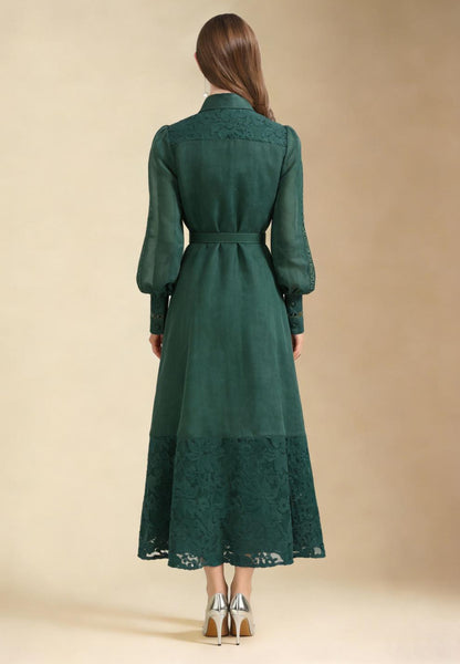 Lace Collar Lantern Sleeve Midi Dress