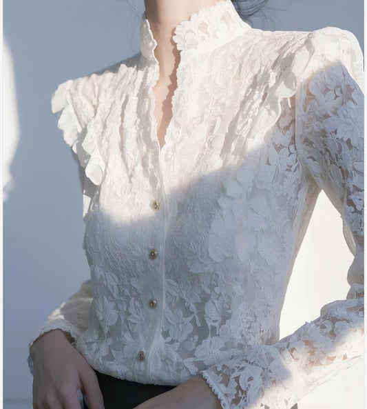 French Elegance White Lace Shirt