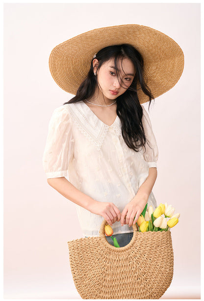 Embroidered Peter Pan Collar Puff Sleeve Blouse