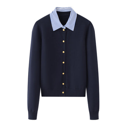 Fake Two-Piece Women's Sweater – Striped Polo Collar Design