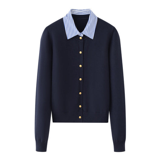 Fake Two-Piece Women's Sweater – Striped Polo Collar Design
