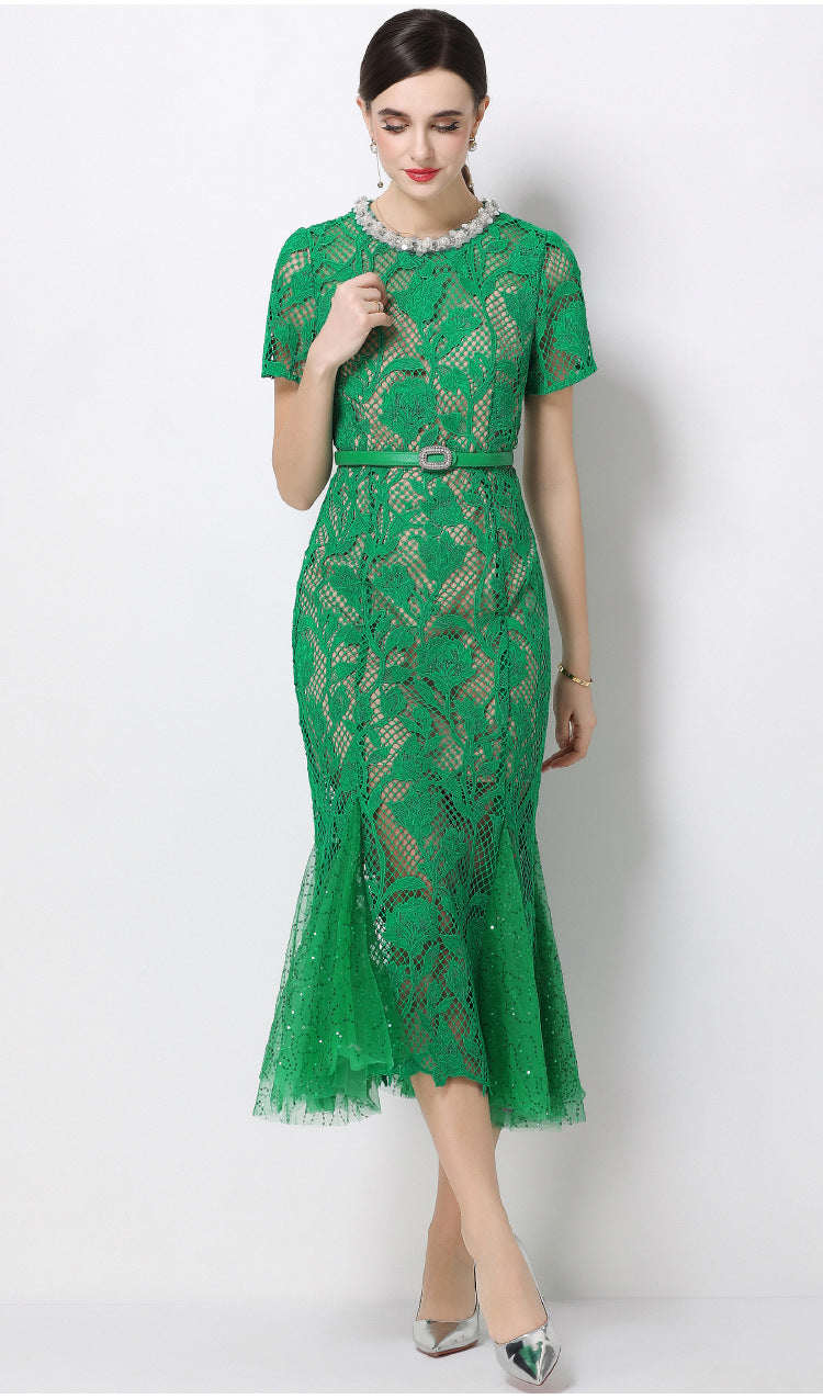 Emerald Lace Fishtail Maxi Dress