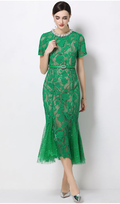 Emerald Lace Fishtail Maxi Dress