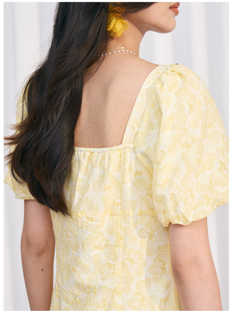 Yellow Square Neck Embossed Floral Cotton Midi Dress