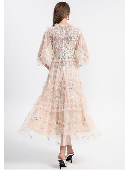 Ruffled Long Dress with Sheer Tulle Hem