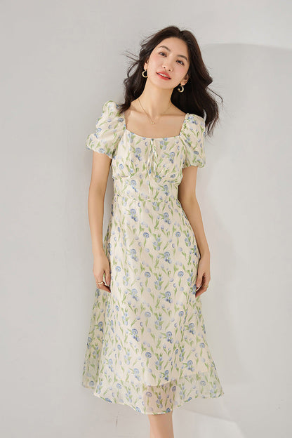 Fitted Waist Polka Dot Puff Sleeve Summer Dress