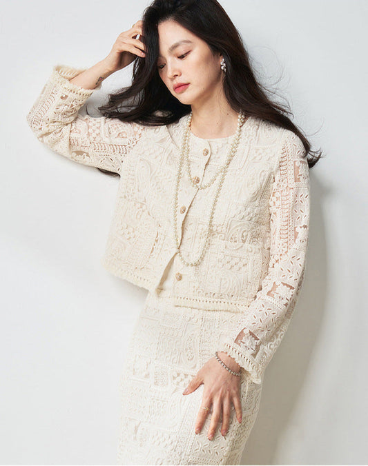 Luxury Beige Two-Piece Set with Fringe & Hollow Floral Details