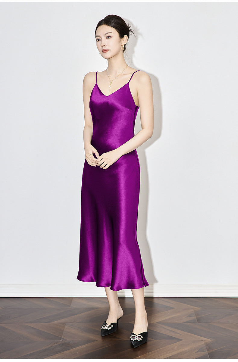 Satin-Texture Acetate Slip Dress with Spaghetti Straps