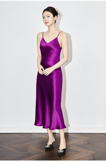 Satin-Texture Acetate Slip Dress with Spaghetti Straps