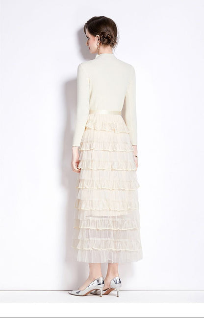 Layered Knit & Tulle Maxi Dress – Faux Two-Piece Design