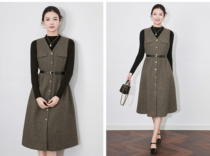 Retro Wool-Blend Vest Midi Dress + Knit Sweater Set