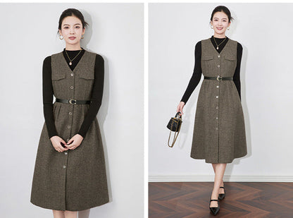 Retro Wool-Blend Vest Midi Dress + Knit Sweater Set