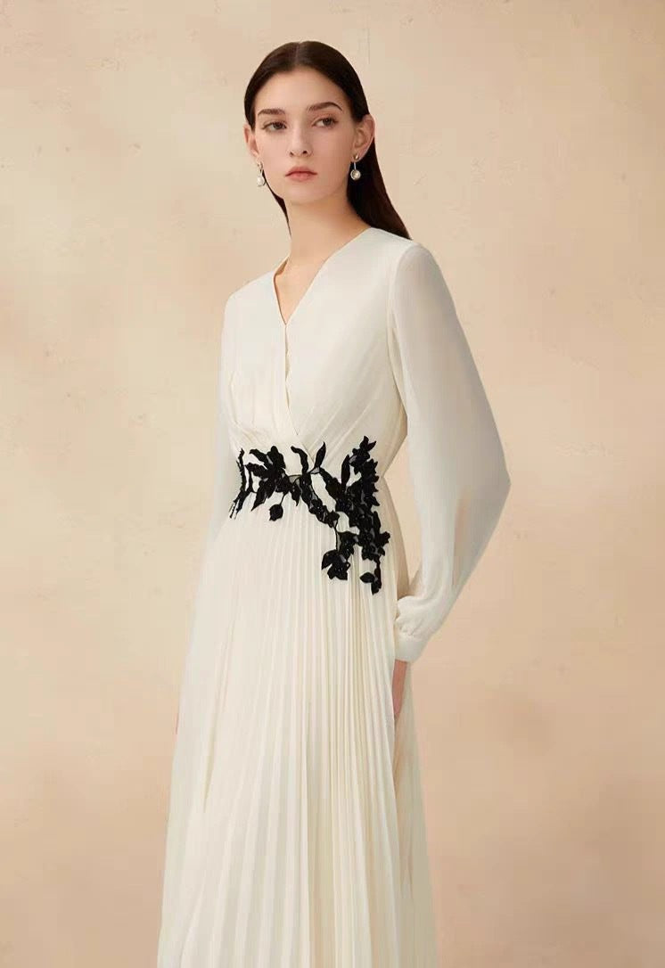 Embroidered Pleated Chiffon Maxi Dress