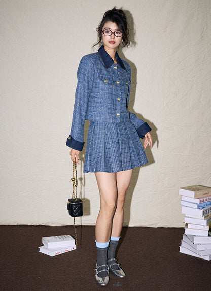 French Retro Pleated Blazer and Skirt Set – Chanel-Inspired Denim Elegance