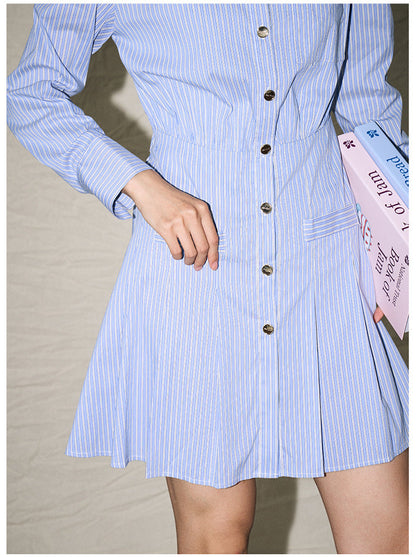 College-Style Blue & White Striped Shirt Dress