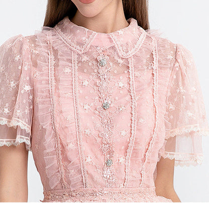 Blush Ruffle Lace Dress with Peter Pan Collar & Puff Sleeves